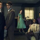 (L-R): Matt Bomer as Hawkins "Hawk" Fuller, Jonathan Bailey as Tim, Allison Williams as Lucy, Jelani Alladin as Marcus and Noah J. Ricketts as Frankie in FELLOW TRAVELERS, Season 1. Photo Credit: Kurt Iswarienko/SHOWTIME.