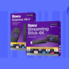 The boxes for the Roku Express 4K Plus and Streaming Stick 4K against a blue background.