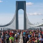  Runners cross the Verrazano-Narrows Bridge before the start of the New York Marathon live stream 2023.