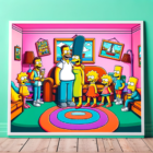 A-colorful-and-imaginative-poster-featuring-a-custom-illustration-in-the-style-of-The-Simpsons.-The-poster-shows-a-family-transformed-into-Simpsons-ch