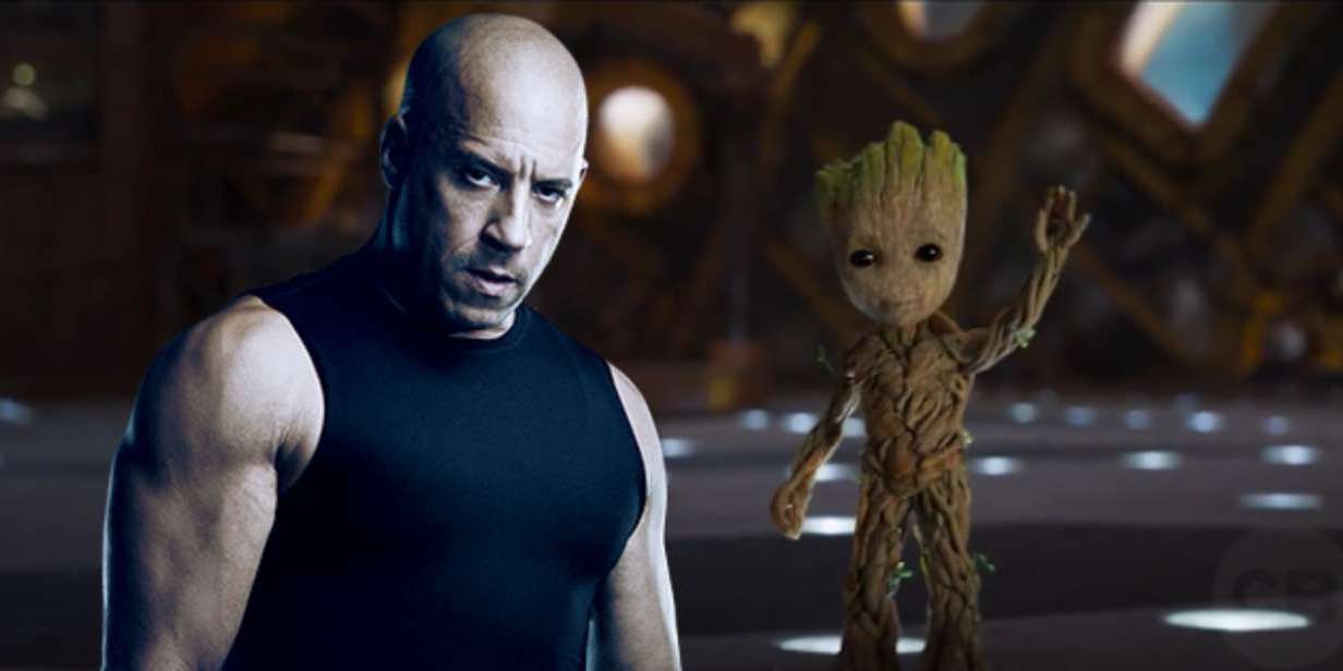 Vin Diesel standing next to Baby Groot