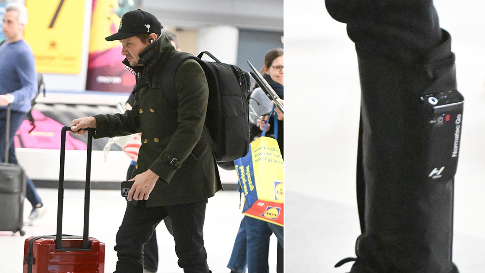 Jeremy Renner porte un dispositif de compression des jambes à NYC, un an après l’accident de chasse-neige
