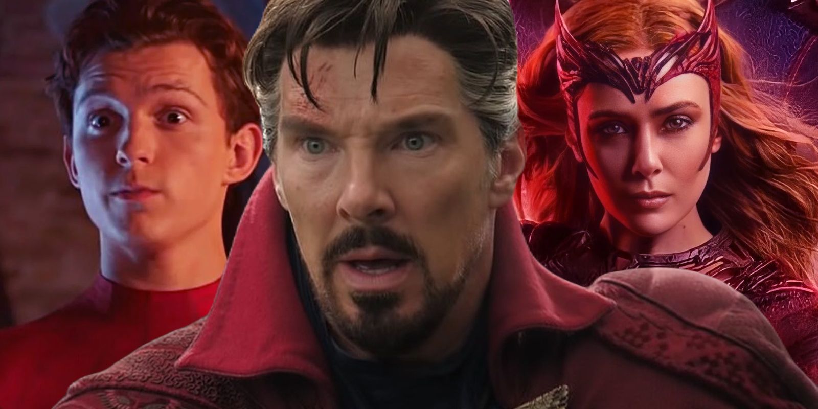 Spider-Man (Tom Holland); Doctor Strange (Benedict Cumberbatch) and Scarlet Witch (Elizabeth Olsen) in the MCU