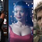 split image of Ahsoka, Marie Moreau from Gen V, and Pedro Pascal as Joel in The Last of Us 