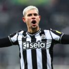 Bruno Guimaraes of Newcastle United celebrates his teams 1-0 victory at full time during the Premier League match between Newcastle United and Manchester United at St. James Park on December 2, 2023 
