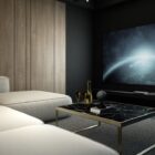 Home theater with beige furniture and large screen