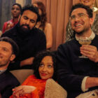 Good Grief. (L to R) Jamael Westman as Terrance, Himesh Patel as Thomas, Ruth Negga as Sophie and Daniel Levy (writer/director/producer) stars as Marc and in Good Grief. Cr. Credit: Chris Baker / Netflix © 2023.