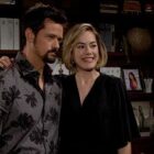 Thomas (Matthew Atkinson) and Hope (Annika Noelle) share a side hug on The Bold and the Beautiful