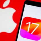 The Apple logo next to a smartphone with the number 17 on the screen