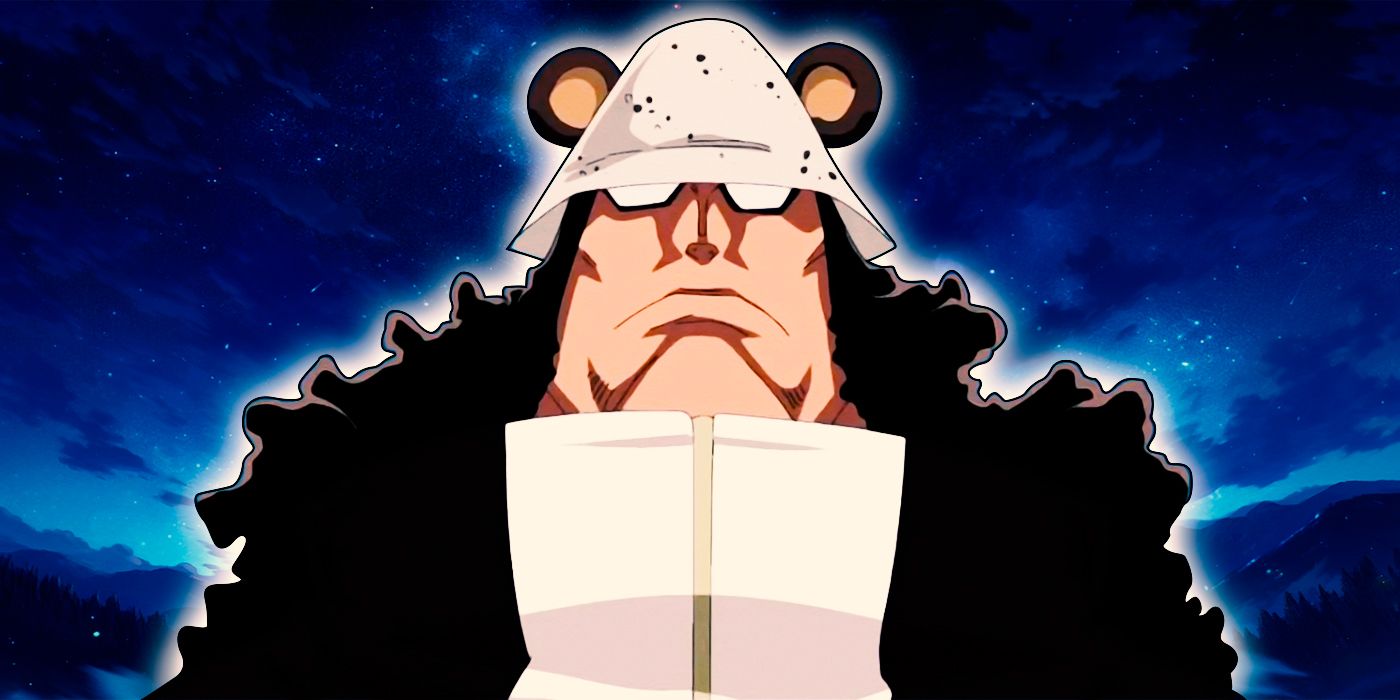 One Piece's Bartholomew Kuma in the anime on a background of the night sky.