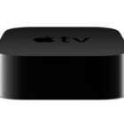 A black Apple TV box on a plain background.