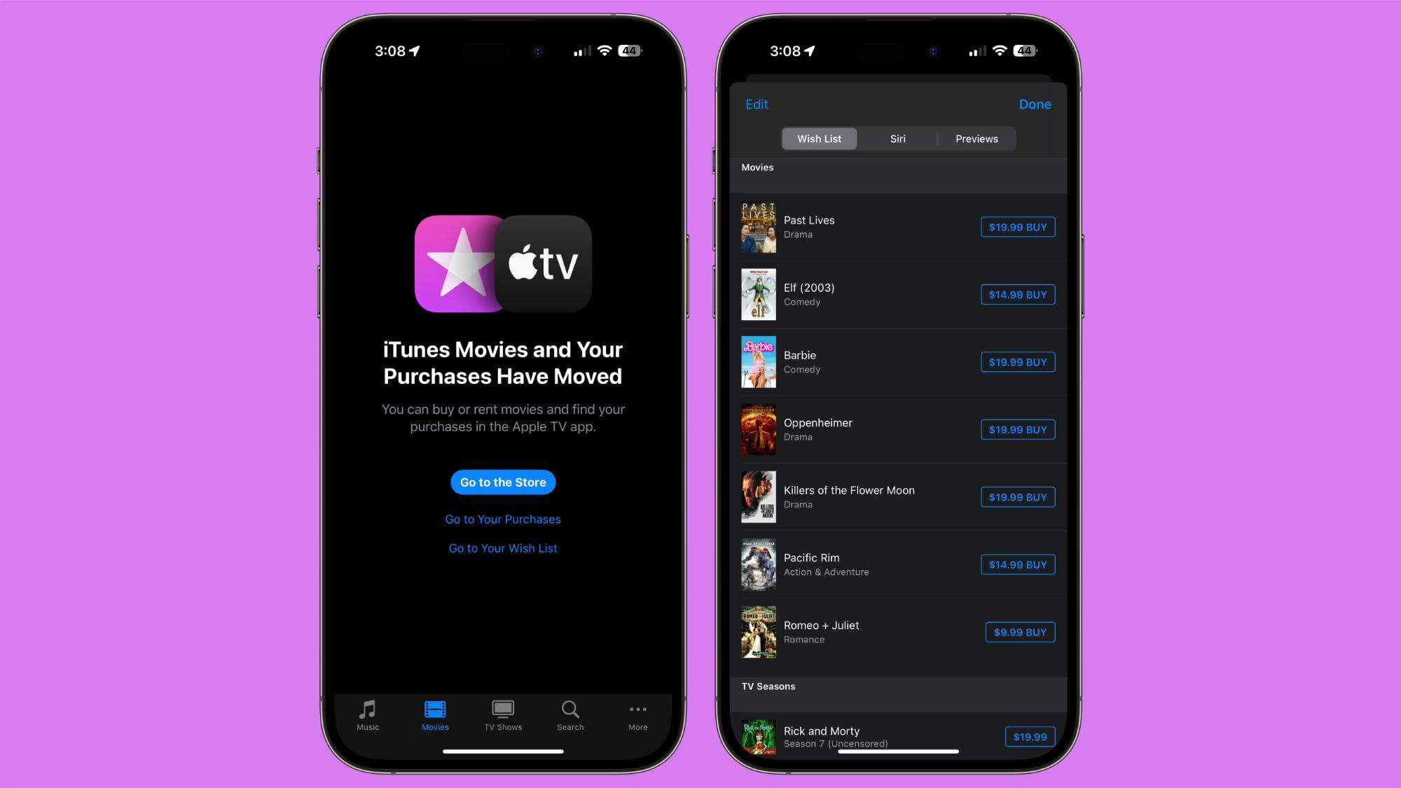 Apple réintègre les listes de souhaits pour séries TV et films sur iTunes dans iOS 17.3