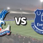 The Crystal Palace and Everton club badges on top of a photo of Selhurst Park in London, England