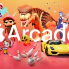 Apple Arcade logo surrounded by characters from games on the service.