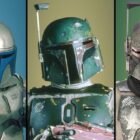 three-panel photo showing three characters similarly dressed in futuristic armor, including face-obscuring helmets.