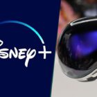 A split-screen shot of the Disney Plus logo and the Apple Vision Pro on a headstand at an event