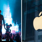 Photo of Disney on the left, Apple logo on the right
