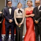 LOS ANGELES, CALIFORNIA - JANUARY 15: (L-R) Chandra Wilson, Justin Chambers, Ellen Pompeo, Katherine Heigl and James Pickens speak onstage during the 75th Primetime Emmy Awards at Peacock Theater on January 15, 2024 in Los Angeles, California. (Photo by Kevin Winter/Getty Images)