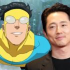 Invincible/Mark Grayson flying into camera from Amazon Prime Video animated series (left), Steven Yeun (right)