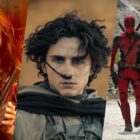 A collage image comprising pictures from Furiosa: A Mad Max Saga, Dune: Part Two, and Deadpool 3