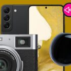 The Samsung Galaxy S22, Apple Vision Pro and Fujifilm X100VI camera on a yellow background