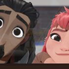 NIMONA  - (L to R)  Ballister Boldheart (voice of Riz Ahmed) and Nimona (voice of Chloë Grace Moretz).   Cr: Netflix © 2023