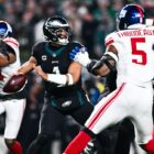 Philadelphia Eagles Quarterback Jalen Hurts (1) looks to pass in the first half during the game between the New York Giants and Philadelphia Eagles on December 25, 2023 at Lincoln Financial Field in Philadelphia, PA.