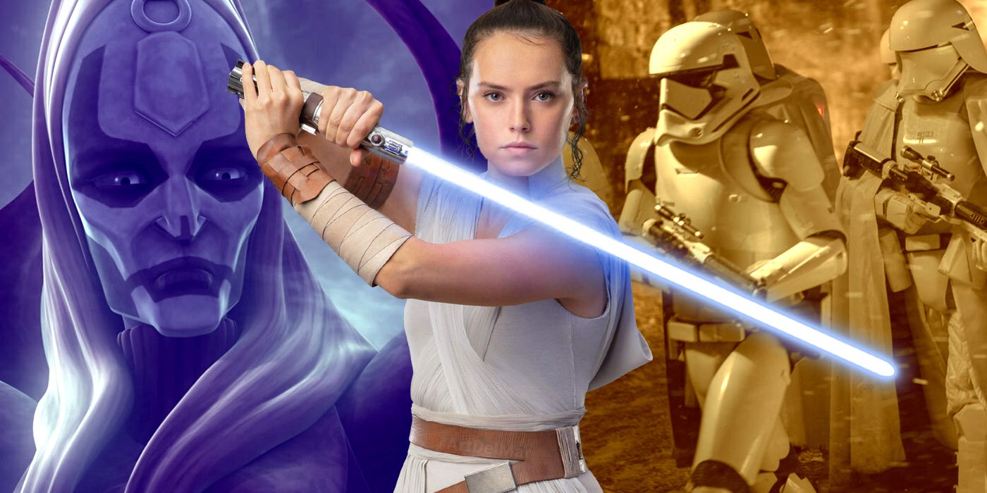 Daisy Ridley's Rey Skywalker from Star Wars, in front of Mother Talzin and First Order Stormtroopers.