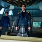 STAR TREK BEYOND, from left: John Cho, as Sulu, Anton Yelchin, as Chekov, Karl Urban, as Doctor 'Bones' McCoy, Chris Pine as Captain James T. Kirk, Zachary Quinto, as Spock, Simon Pegg, as Scotty, 2016. ph: Kimberley French / © Paramount Pictures / Courtesy Everett Collection
