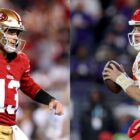 San Francisco 49ers quarterback Brock Purdy (left) celebrates after a touchdown against the Detroit Lions in the NFC championship game in San Francisco on Jan. 28, 2024. Kansas City Chiefs quarterback Patrick Mahomes looks to pass during the AFC Championship against the Baltimore Ravens in Baltimore on Jan. 28, 2024.