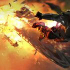 a person in silver armor carries a small green alien with big ears as a spaceship explodes behind them