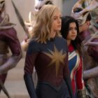 Brie Larson as Captain Marvel/Carol Danvers and Iman Vellani as Ms. Marvel/Kamala Khan in The Marvels