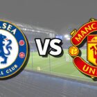 The Chelsea and Manchester United club badges on top of a photo of Stamford Bridge in London, England