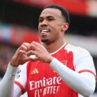 Gabriel of Arsenal celebrates prior to the Porto vs Arsenal Champions League 23/24 clash.