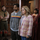 Thorfinn (Devan Chandler Long), Pete (Richie Moriarty), Jay (Utkarsh Ambudkar), Samantha (Rose McIver), Alberta (Danielle Pinnock) and Trevor (Asher Grodman) in Ghosts season 3