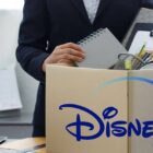 The Disney+ logo over a box while someone quits their job