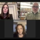 A screencap of three people on a zoom call. 