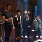 The Hargreeves family gather around for an alcoholic shot in The Umbrella Academy season 4 on Netflix