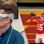 Apple Vision Pro next to Patrick Mahomes in Vision Pro Paramount Plus app during Super Bowl 2024