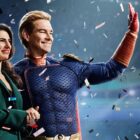 Key art for The Boys season 4 showing Victoria Neuman and Homelander getting covered in confetti