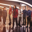 David Ajala as Book, Mary Wiseman as Tilly, Doug Jones as Saru, Sonequa Martin-Green as Burnham, Wilson Cruz as Culber, Blu Del Barrio as Adira and Callum Keith Rennie as Raynor in season 5 of the Paramount+ original series STAR TREK: DISCOVERY.