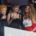 Ice Spice, Taylor Swift and, Blake Lively react prior to Super Bowl LVIII between the San Francisco 49ers and Kansas City Chiefs at Allegiant Stadium