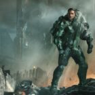 illustration of a man wearing futuristic green armor in a bombed-out city.