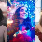 Monica Rambeau smiling enthusiastically, Kamala Khan (Ms. Marvel) in a tiara while waving and surrounded by confetti, Carol Danvers (Captain Marvel) in a gown on the singing planet