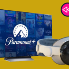 The Apple Vision Pro sat in front of an LG OLED TV with Paramount Plus showing on it