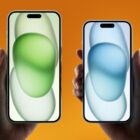 iPhone 15 on an orange background