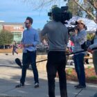 The Daily Show correspondent Jordan Klepper interviews an attendee outside of former President Donald Trump’s rally in Conway, S.C. on Saturday, Feb. 10, 2024.
