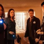 Max Roby (Paula Newsome) points a flashlight off camera as the rest of the team look on with concern in CSI: Vegas