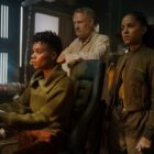 Salvor, Hari, and Gaal stare out of a spaceship