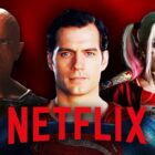 Dwayne Johnson as Black Adam, Henry Cavill as Superman, Margot Robbie as Harley Quinn, Netflix logo